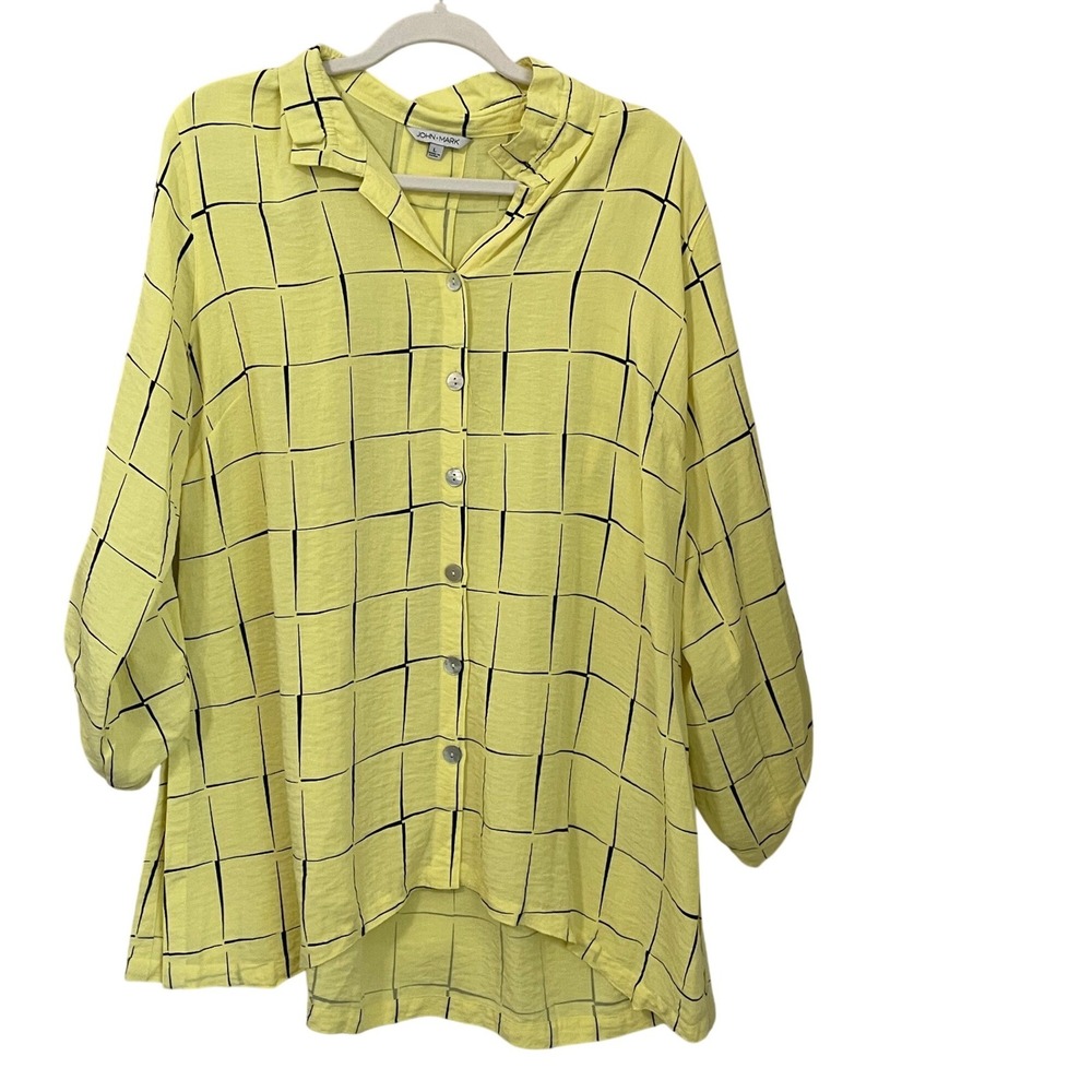 John Mark Size L Button Up Relaxed Tunic Shirt Windowpane Roll Tab Yellow Black